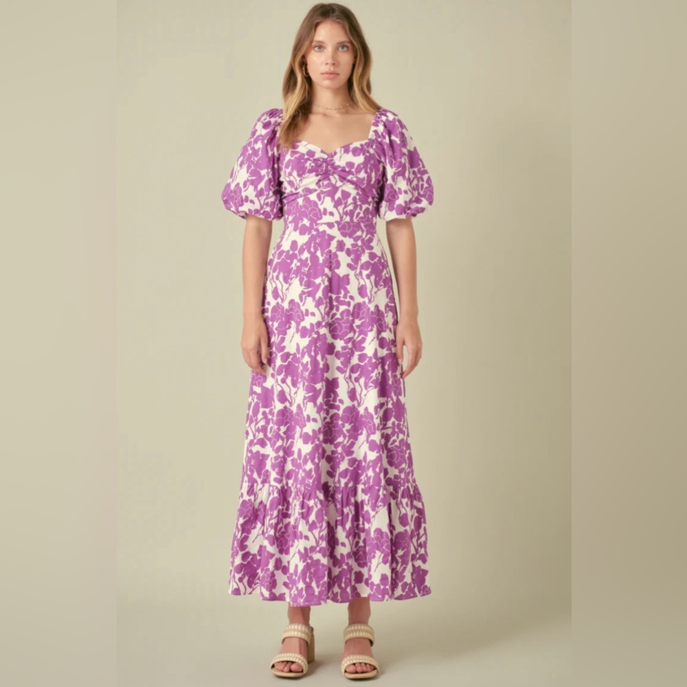 English Factory Purple and White Puff Sleeve Maxi Dress